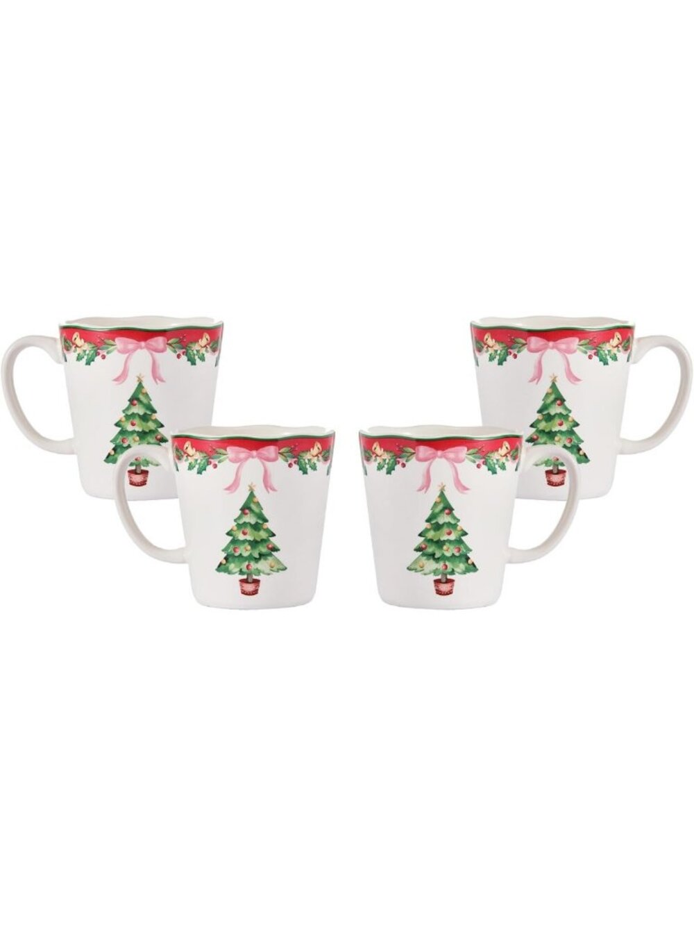 Set of 4 Scalloped Ceramic Christmas Mugs - 15oz Holiday Coffee & Tea Cups, Safe